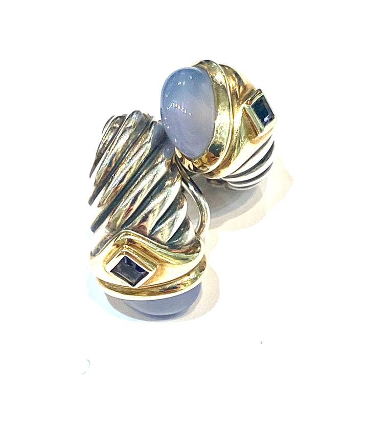 DAVID YURMAN SILVER 14K GOLD CHALCEDONY IOLITE EARRINGS