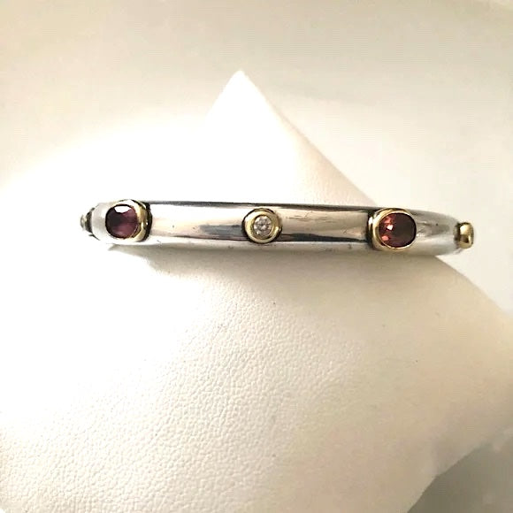 DAVID YURMAN SILVER &amp; 18K GOLD PINK TOURMALINE &amp; DIAMOND BANGLE BRACELET
