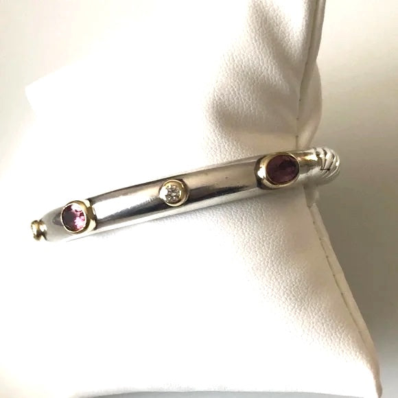 DAVID YURMAN SILVER &amp; 18K GOLD PINK TOURMALINE &amp; DIAMOND BANGLE BRACELET
