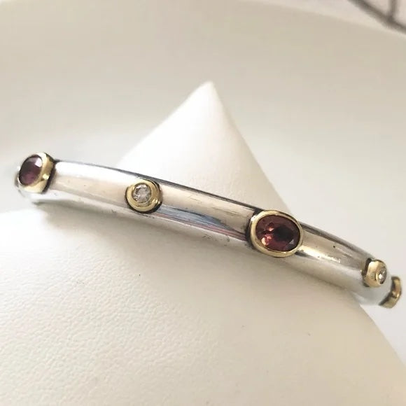 DAVID YURMAN SILVER &amp; 18K GOLD PINK TOURMALINE &amp; DIAMOND BANGLE BRACELET