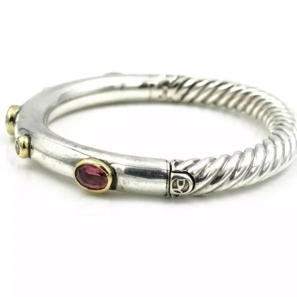 DAVID YURMAN SILVER &amp; 18K GOLD PINK TOURMALINE &amp; DIAMOND BANGLE BRACELET