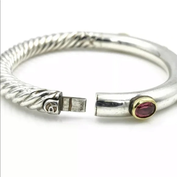 DAVID YURMAN SILVER &amp; 18K GOLD PINK TOURMALINE &amp; DIAMOND BANGLE BRACELET