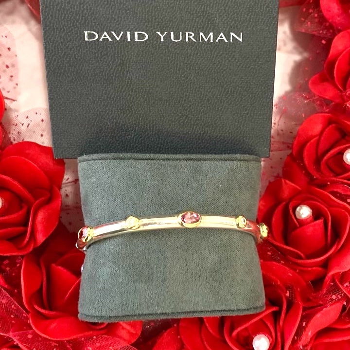 DAVID YURMAN SILVER &amp; 18K GOLD PINK TOURMALINE &amp; DIAMOND BANGLE BRACELET