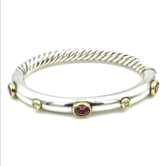 DAVID YURMAN SILVER &amp; 18K GOLD PINK TOURMALINE &amp; DIAMOND BANGLE BRACELET