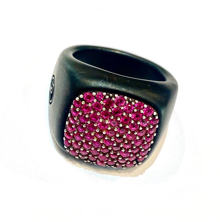 DAVID YURMAN PAVE COLLECTION DIAMOND &amp; RUBIES SIGNET TITANIUM RING