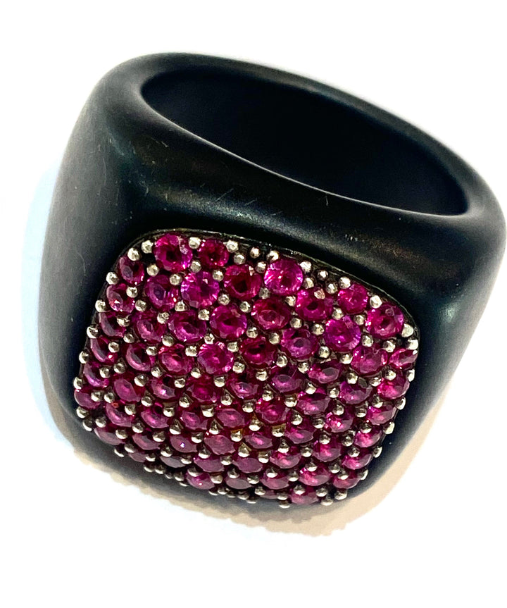 DAVID YURMAN PAVE COLLECTION DIAMOND &amp; RUBIES SIGNET TITANIUM RING