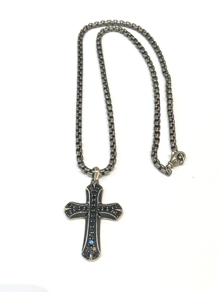 DAVID YURMAN STERLING SILVER BLACK DIAMONDS CROSS NECKLACE