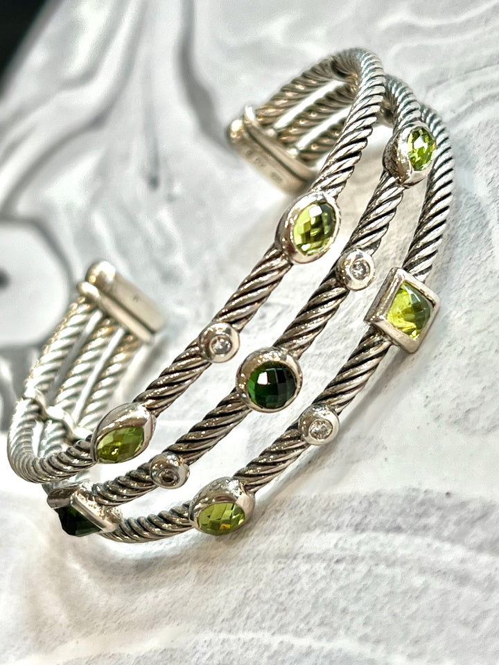 DAVID YURMAN THREE ROW CONFETTI PERIDOT TOURMALINE DIAMOND BRACELET