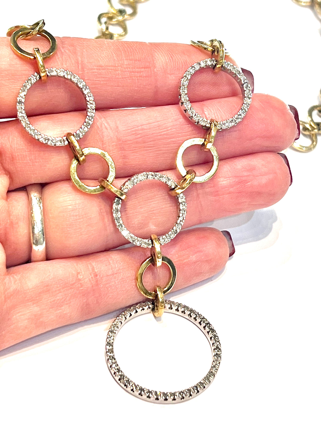GOLD 14K AND DIAMONDS CIRCLES CHAIN LINK NECKLACE
