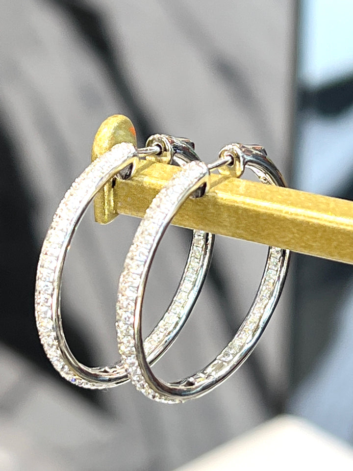 14K WHITE GOLD DIAMOND PAVE HOOP EARRINGS 1.5"
