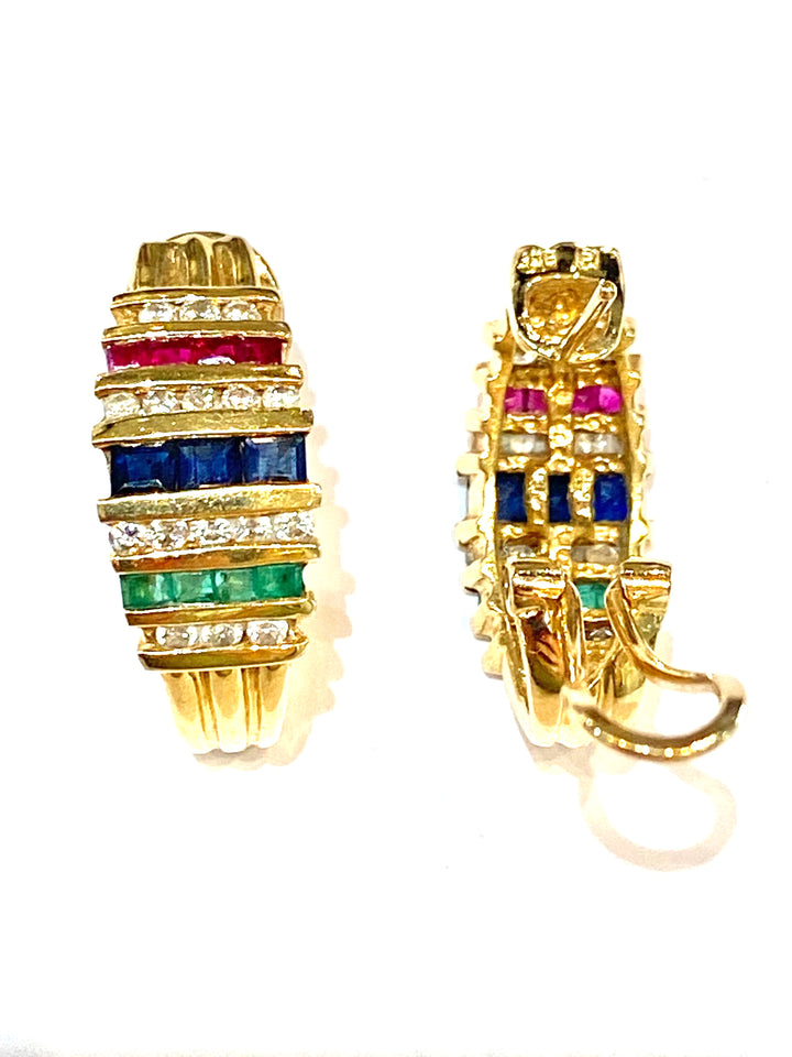DIAMOND SAPPHIRE RUBY &amp; EMERALD HOOP EARRINGS
