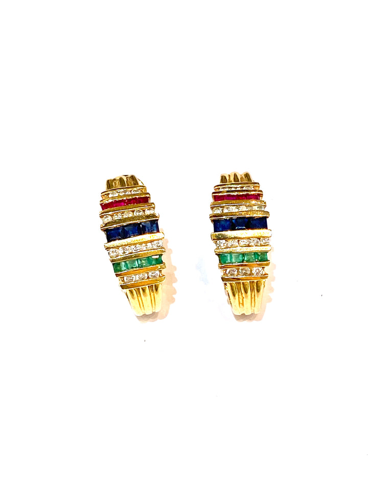 DIAMOND SAPPHIRE RUBY &amp; EMERALD HOOP EARRINGS