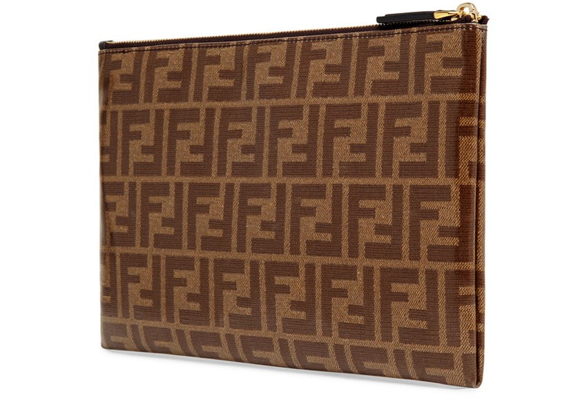 FENDI FF LOGO ZUCCA COATED CANVAS &amp; LEATHER POUCH