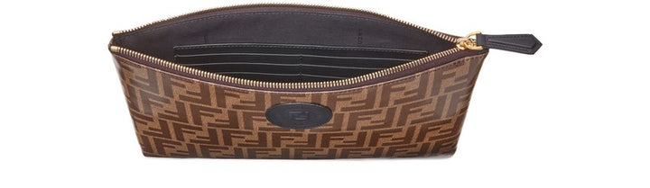 FENDI FF LOGO ZUCCA COATED CANVAS &amp; LEATHER POUCH