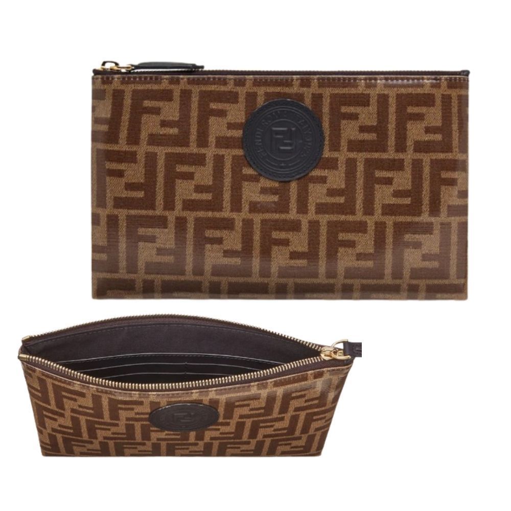 FENDI FF LOGO ZUCCA COATED CANVAS &amp; LEATHER POUCH