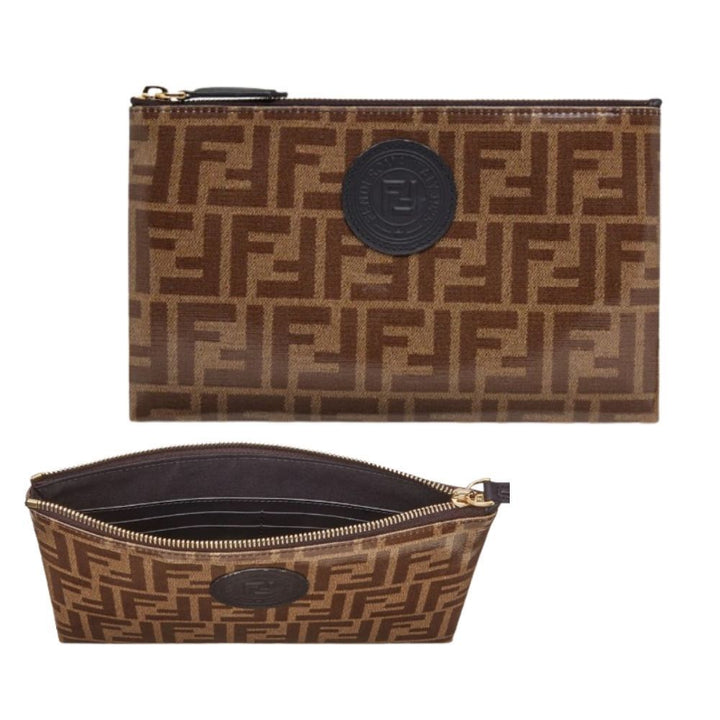 FENDI FF LOGO ZUCCA COATED CANVAS &amp; LEATHER POUCH