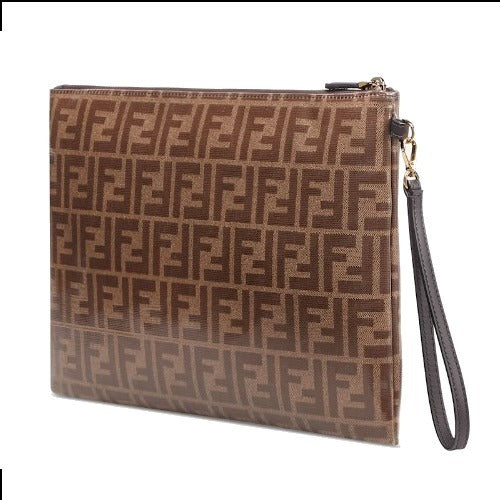 FENDI FF LOGO ZUCCA COATED CANVAS &amp; LEATHER POUCH