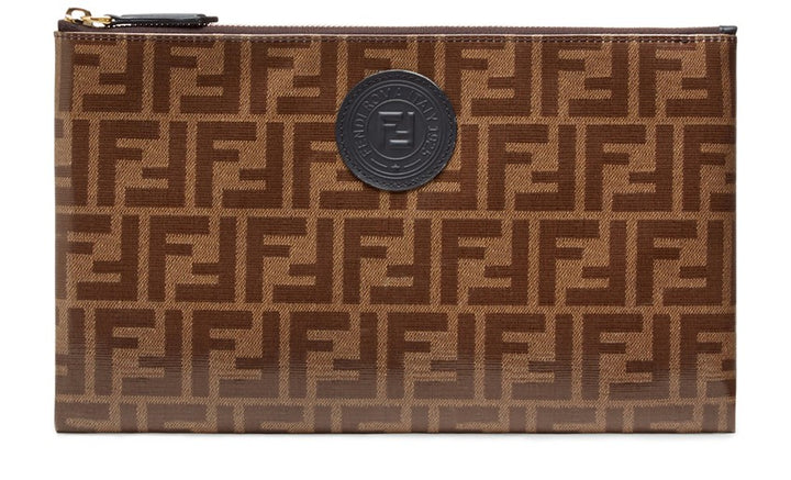 FENDI FF LOGO ZUCCA COATED CANVAS &amp; LEATHER POUCH