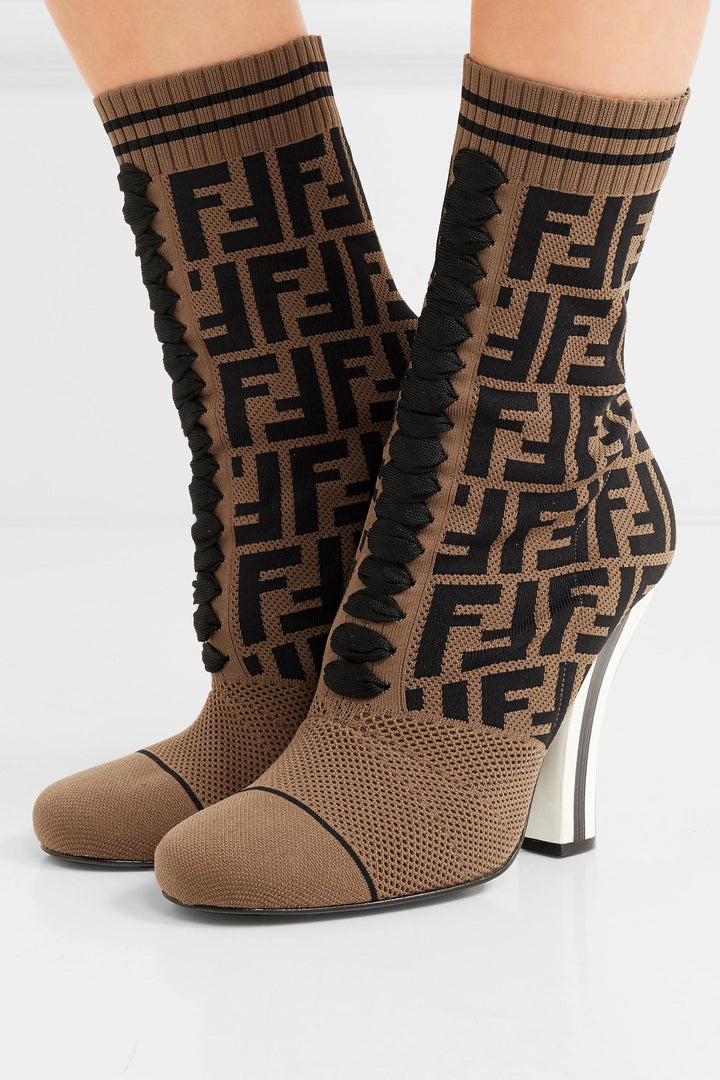 FENDI FF LOGO JACQUARD STRETCH KNIT &amp; MESH SOCK BOOTS