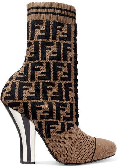 FENDI FF LOGO JACQUARD STRETCH KNIT &amp; MESH SOCK BOOTS