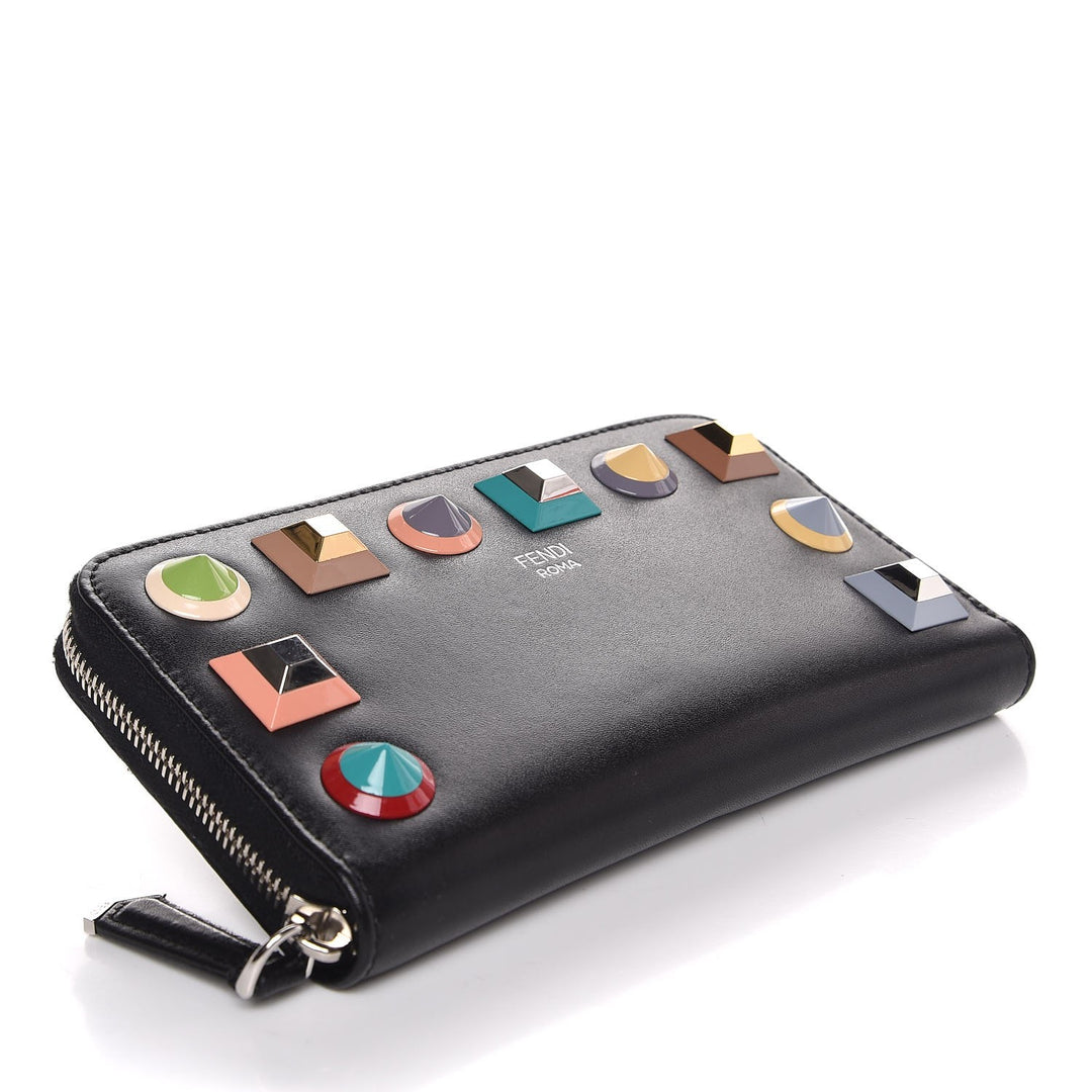 FENDI Vitello Liberty Studded Zip Around Wallet Black