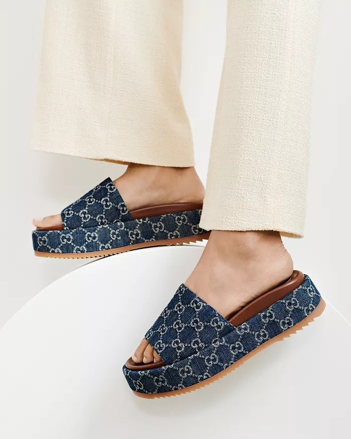 GUCCI ANGELINA GG JACQUARD DENIM PLATFORM SLIDES