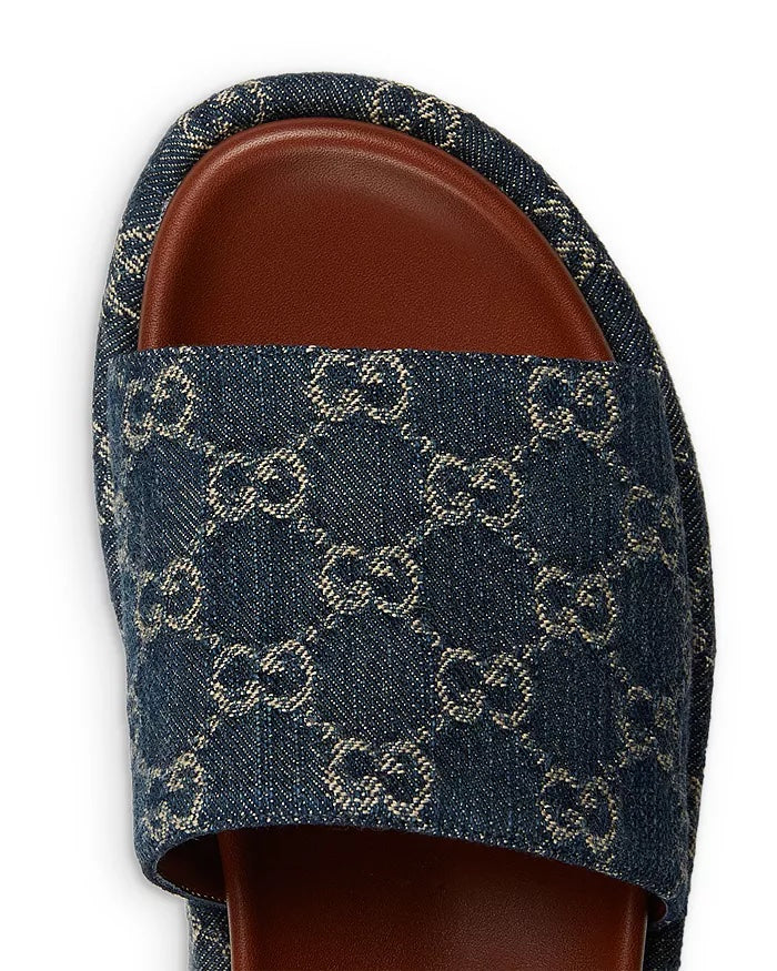 GUCCI ANGELINA GG JACQUARD DENIM PLATFORM SLIDES