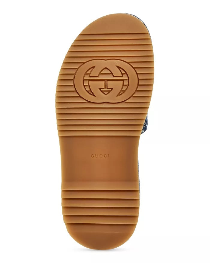 GUCCI ANGELINA GG JACQUARD DENIM PLATFORM SLIDES