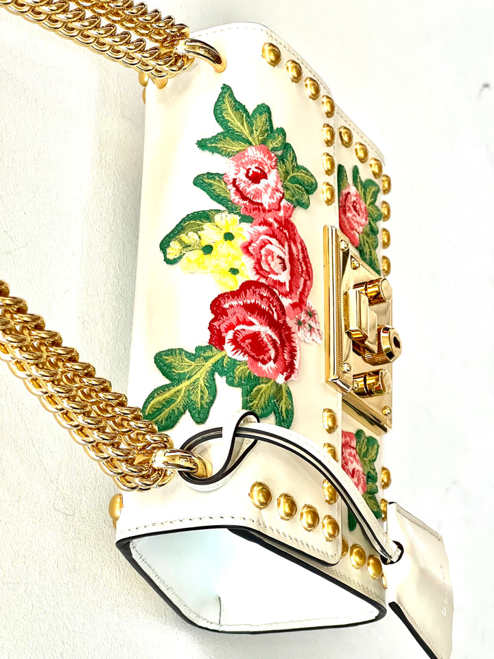 GUCCI CALFSKIN FLORAL EMBROIDERED SMALL PADLOCK SHOULDER BAG