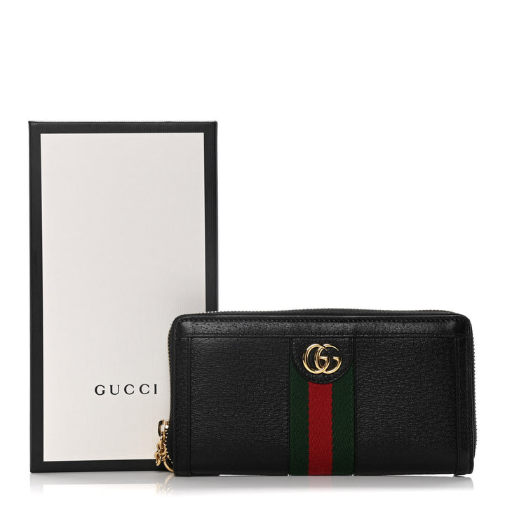 GUCCI CALFSKIN LEATHER OPHIDIA WEB ZIP AROUND WALLET