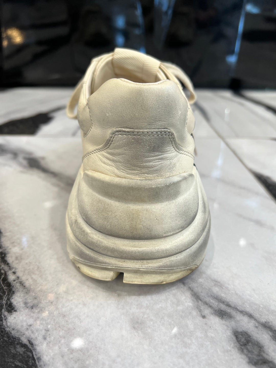 GUCCI DISTRESSED CALFSKIN MOUTH PRINT RHYTON SNEAKERS