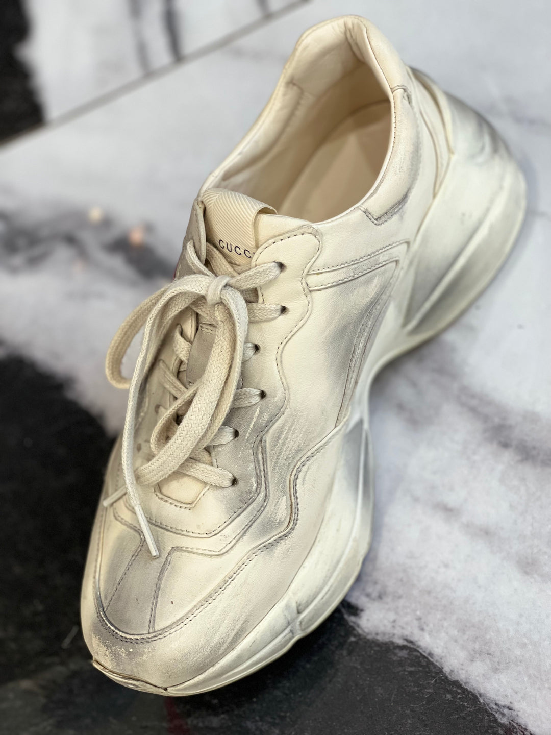 GUCCI DISTRESSED CALFSKIN MOUTH PRINT RHYTON SNEAKERS
