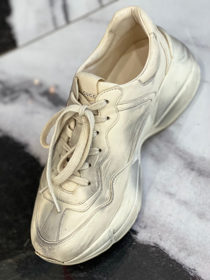 GUCCI DISTRESSED CALFSKIN MOUTH PRINT RHYTON SNEAKERS