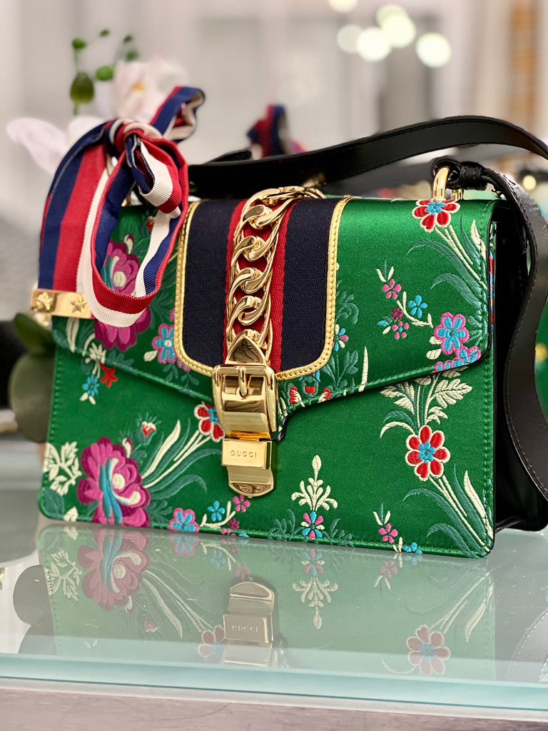 GUCCI GREEN FLORAL JACQUARD SMALL SYLVIE BAG