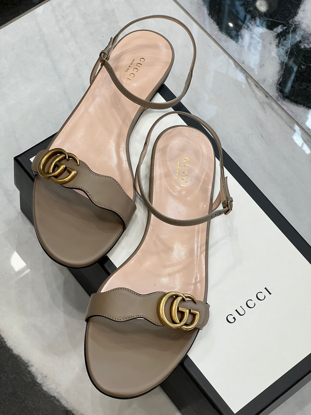 GUCCI GG MARMONT LEATHER DOUBLE G SANDALS