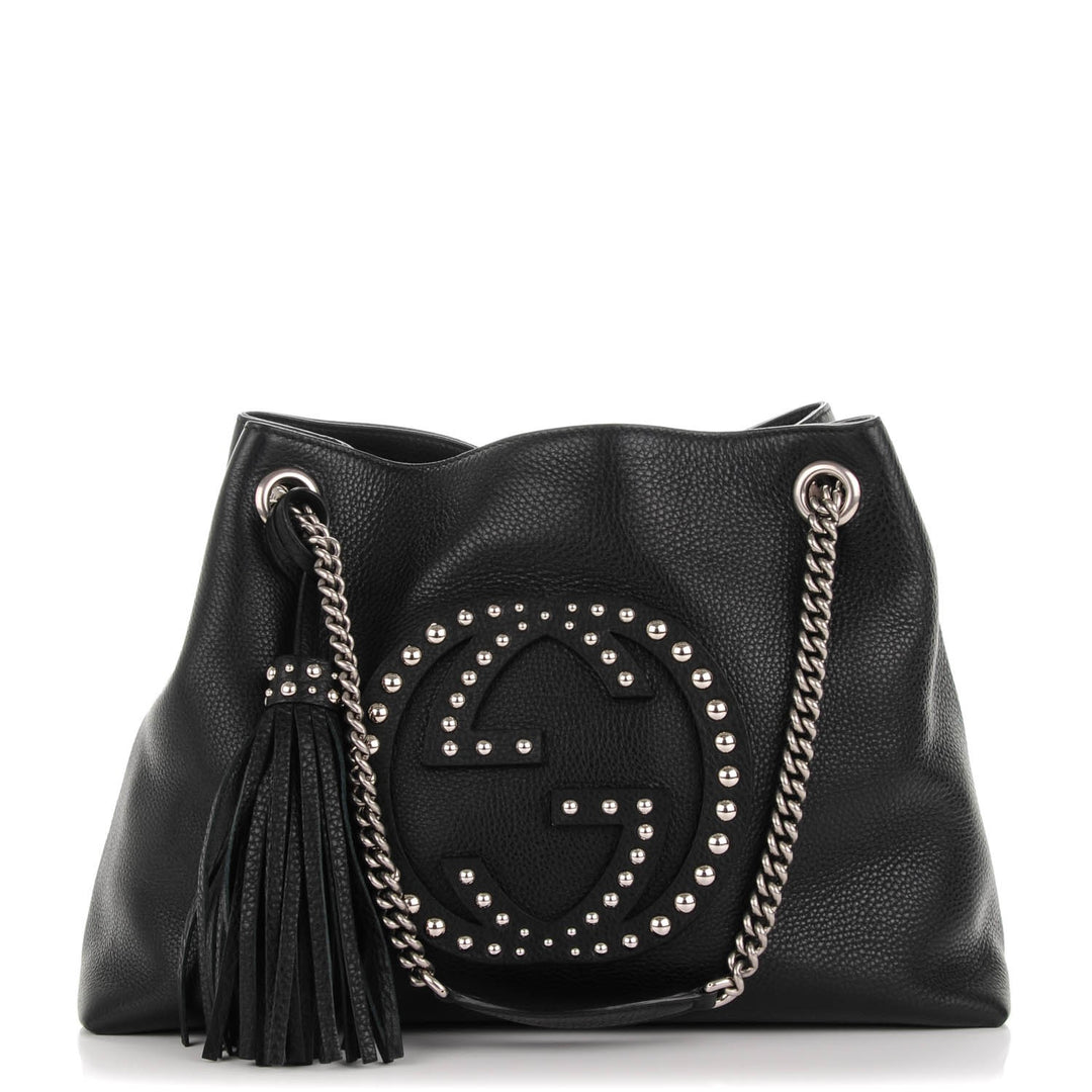 GUCCI PEBBLED CALFSKIN LEATHER STUDDED MEDIUM SOHO BAG