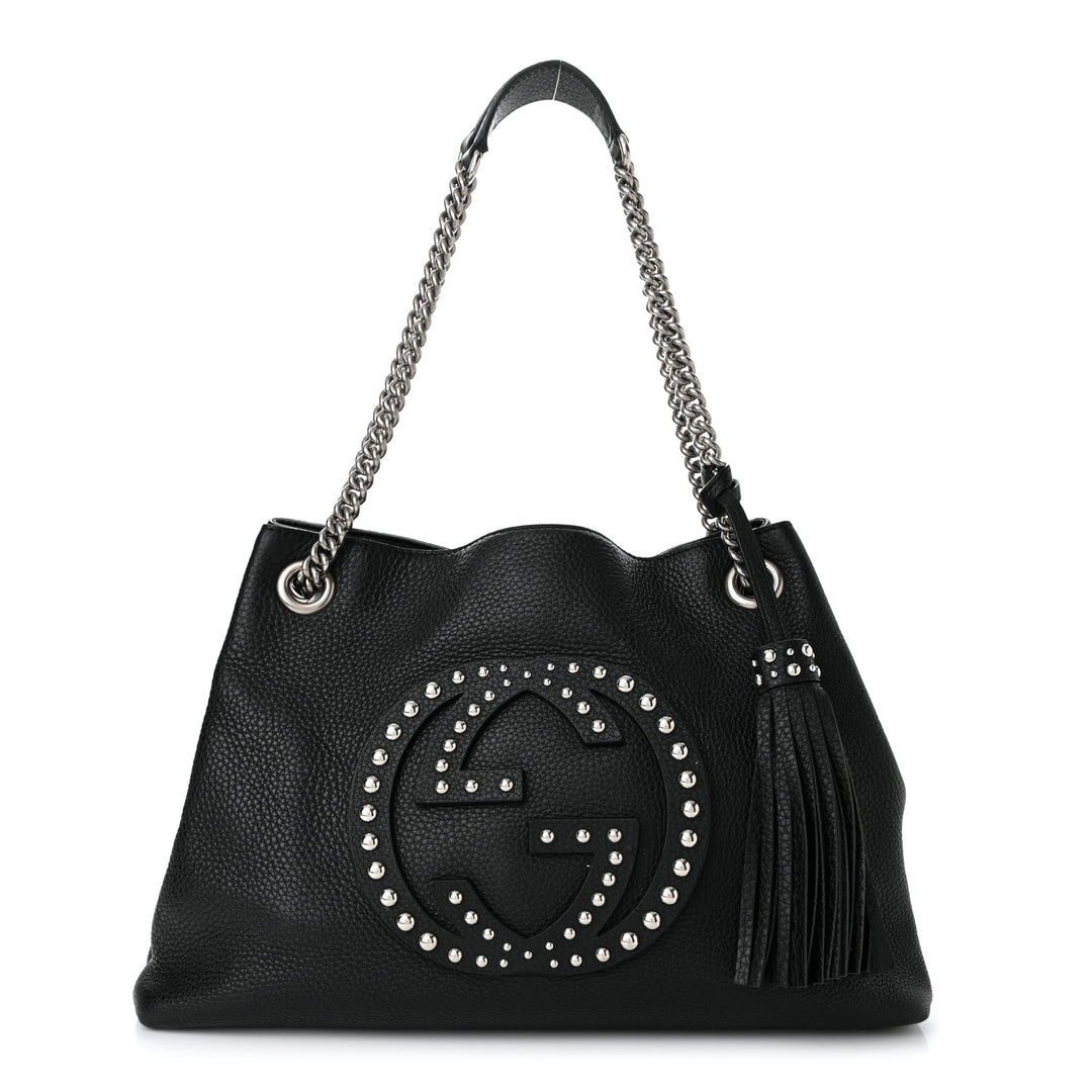 GUCCI PEBBLED CALFSKIN LEATHER STUDDED MEDIUM SOHO BAG