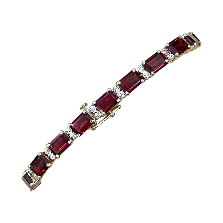 EMERALD CUT GARNET &amp; DIAMONDS 14K GOLD BRACELET