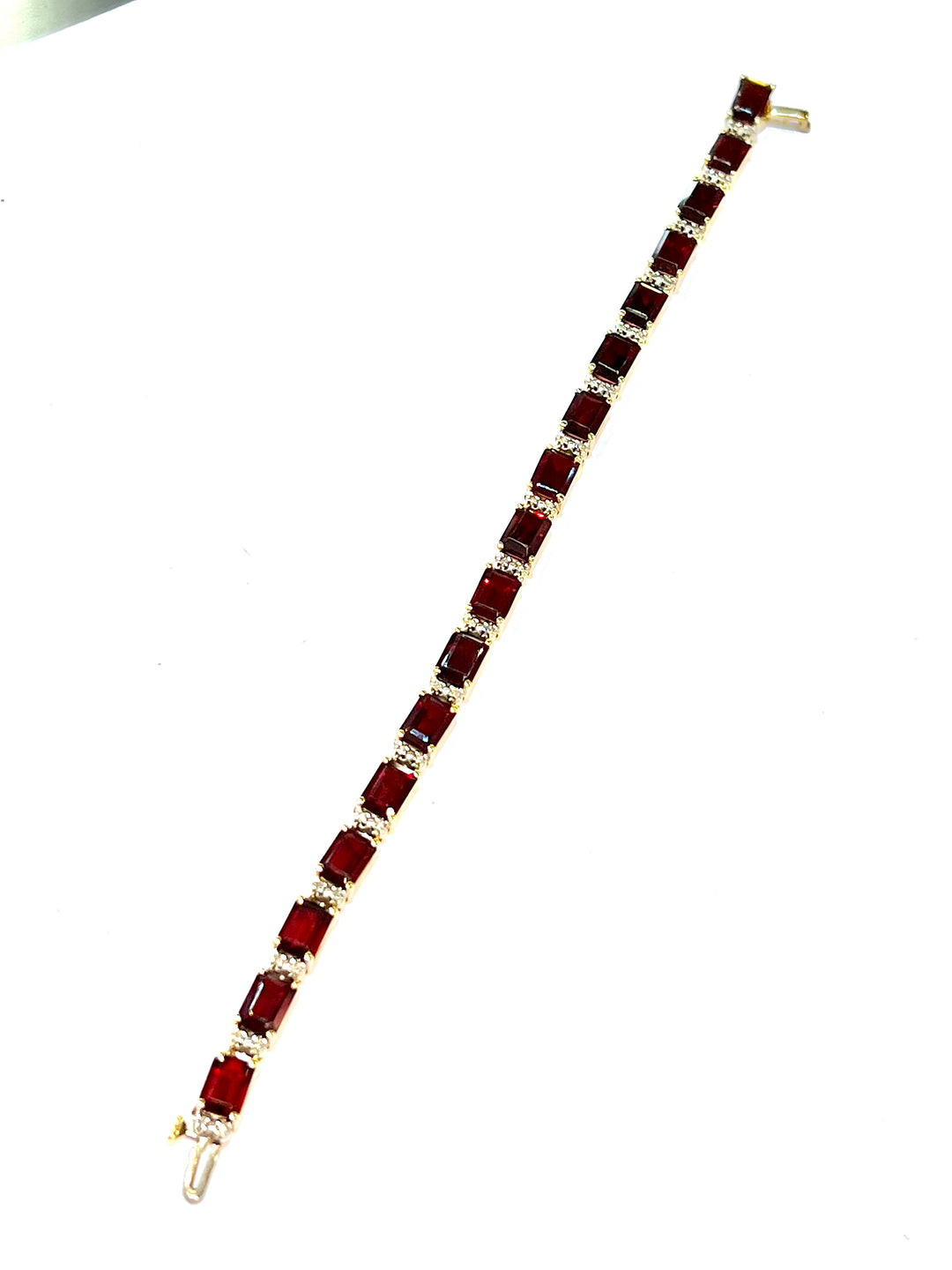 EMERALD CUT GARNET &amp; DIAMONDS 14K GOLD BRACELET