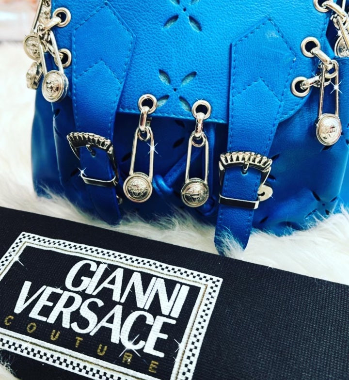 GIANNI VERSACE SAFETY PIN CUT OUT LEATHER MINI RUNWAY BACKPACK