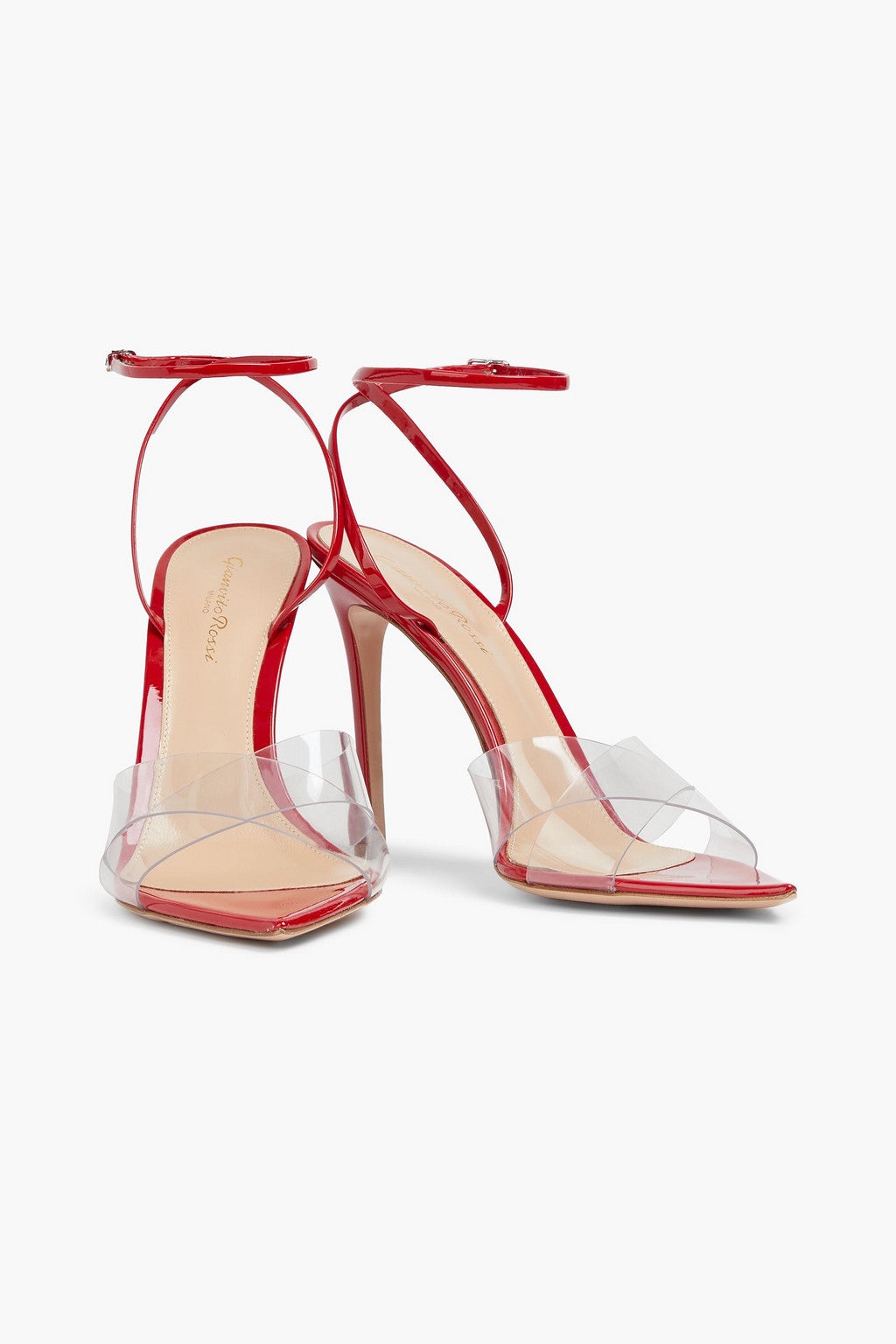 GIANVITO ROSSI PATENT &amp; PLEXI STARK ANKLE STRAP SANDALS