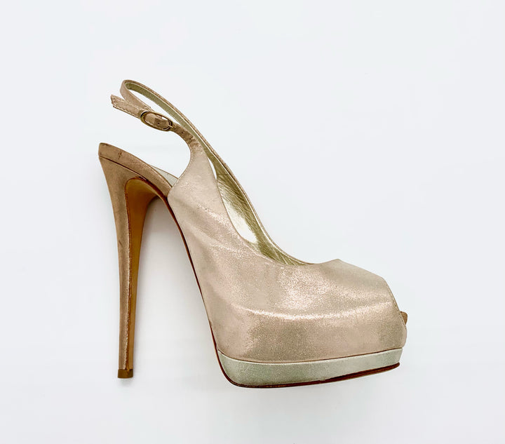 GIUSEPPE ZANOTTI ROSE GOLD LEATHER PEEP TOE SLINGBACK PUMPS