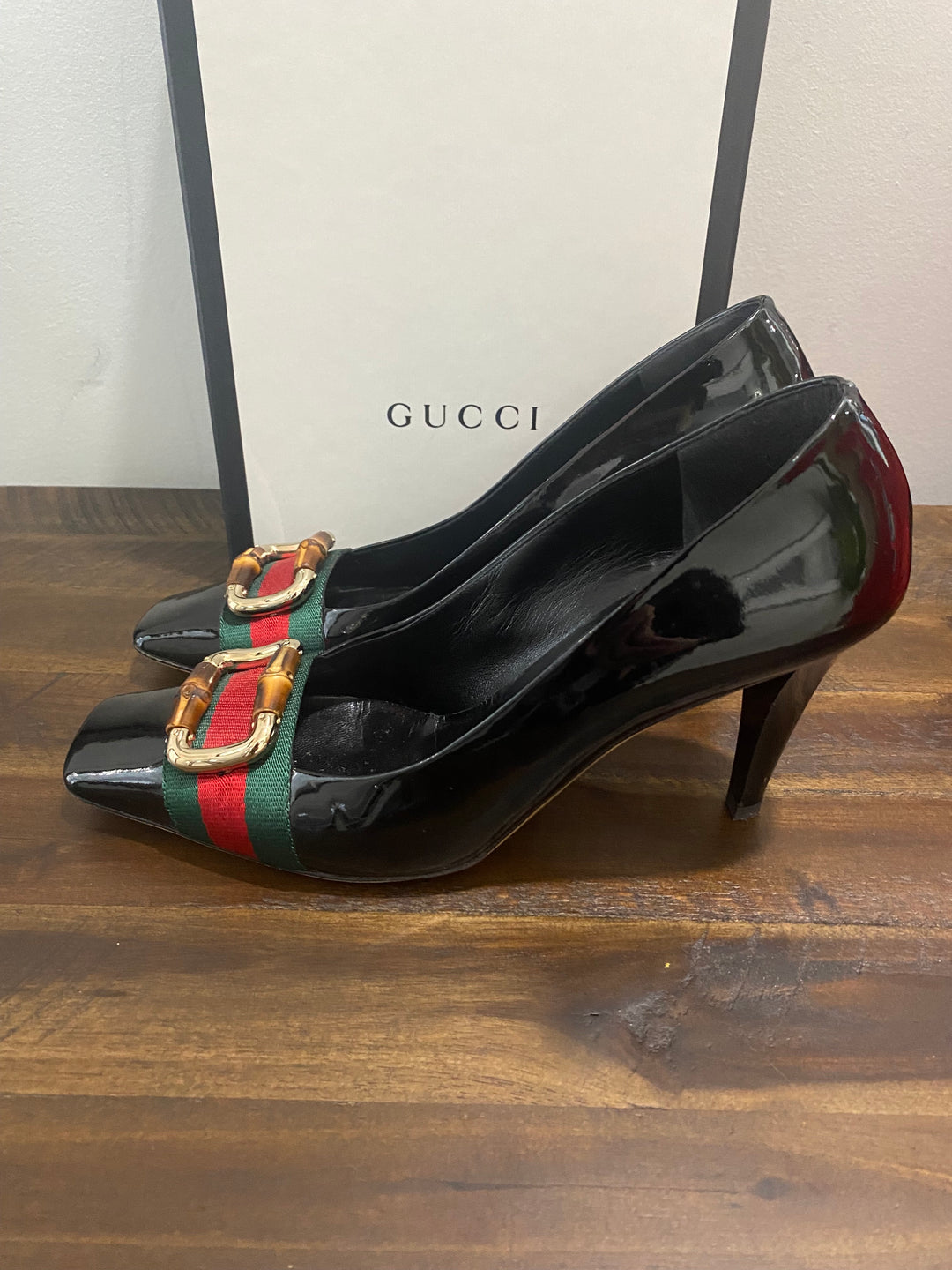 GUCCI BAMBOO WEB SQUARE TOE PUMPS