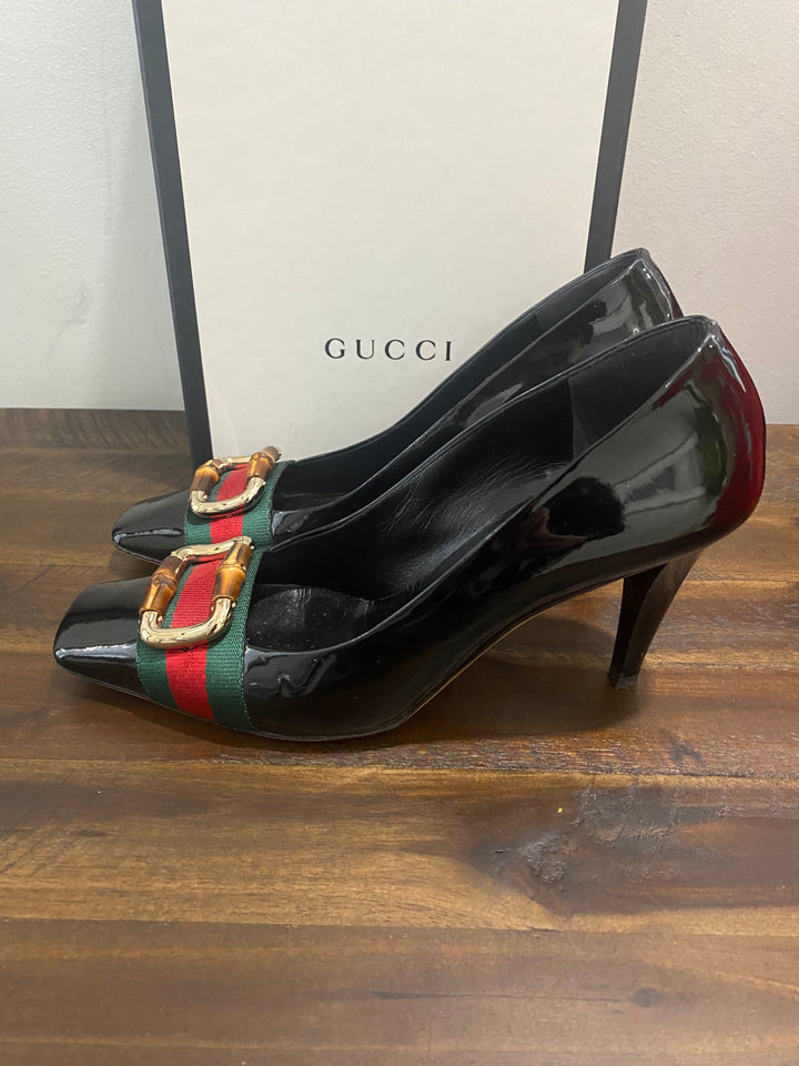 GUCCI BAMBOO WEB SQUARE TOE PUMPS