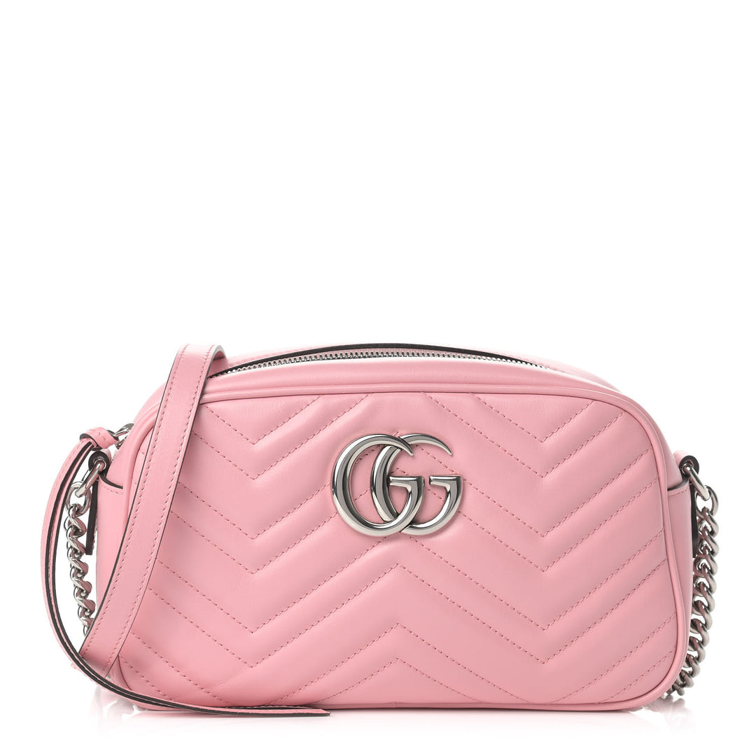 GUCCI Calfskin Matelasse Small GG Marmont Chain Shoulder Bag Pastel Pink