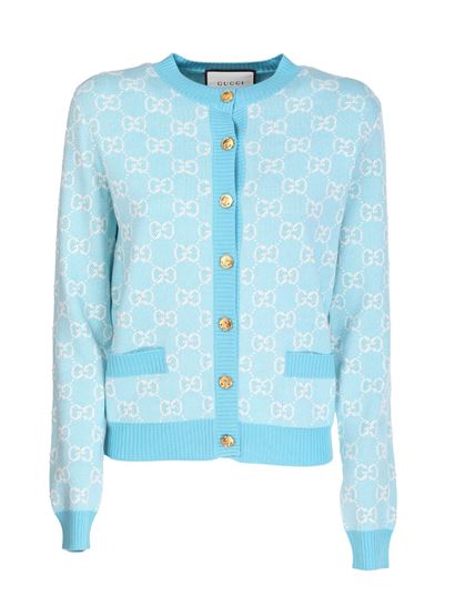 GUCCI COTTON AND WOOL PIQUE GG CARDIGAN IN LIGHT BLUE – Caroline's