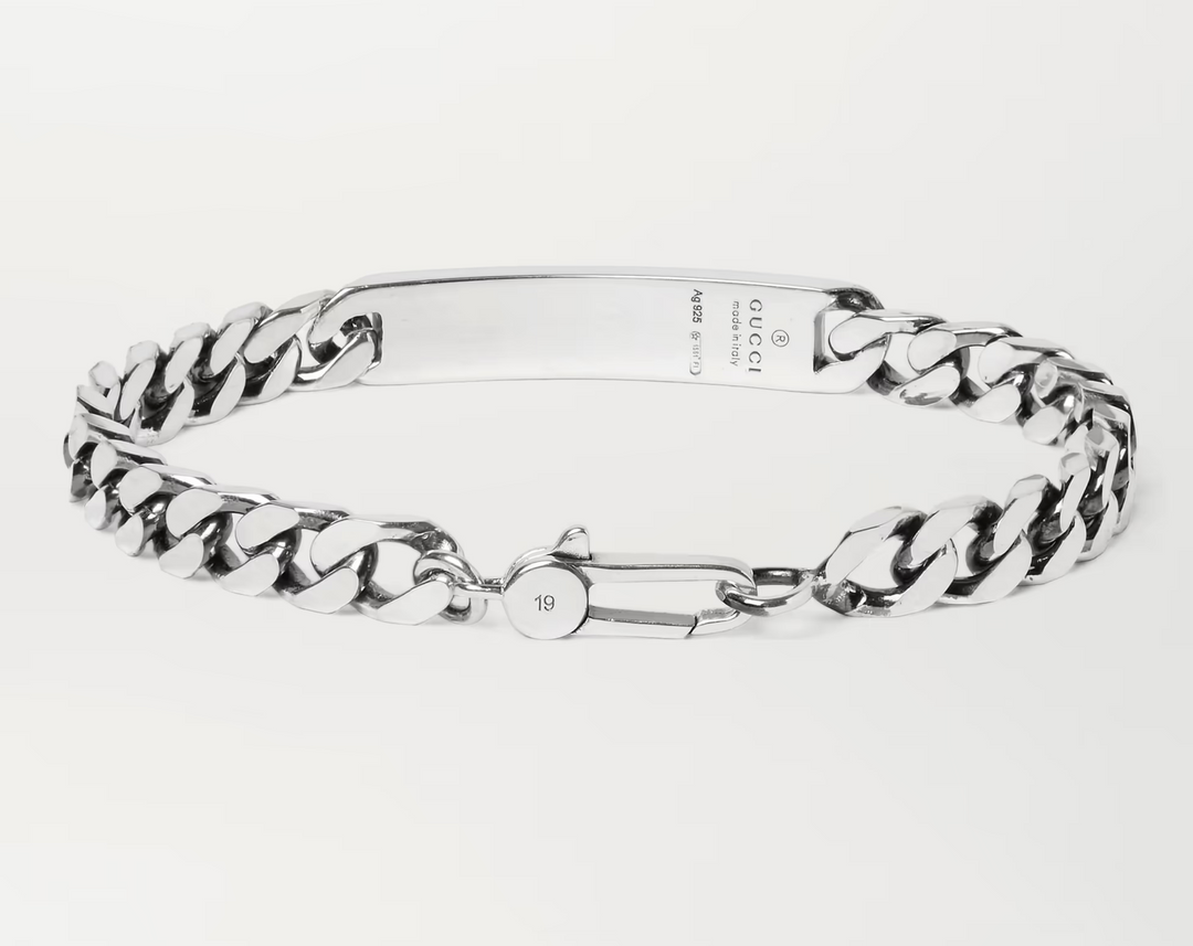 GUCCI GHOST ENGRAVED STERLING SILVER ID BRACELET