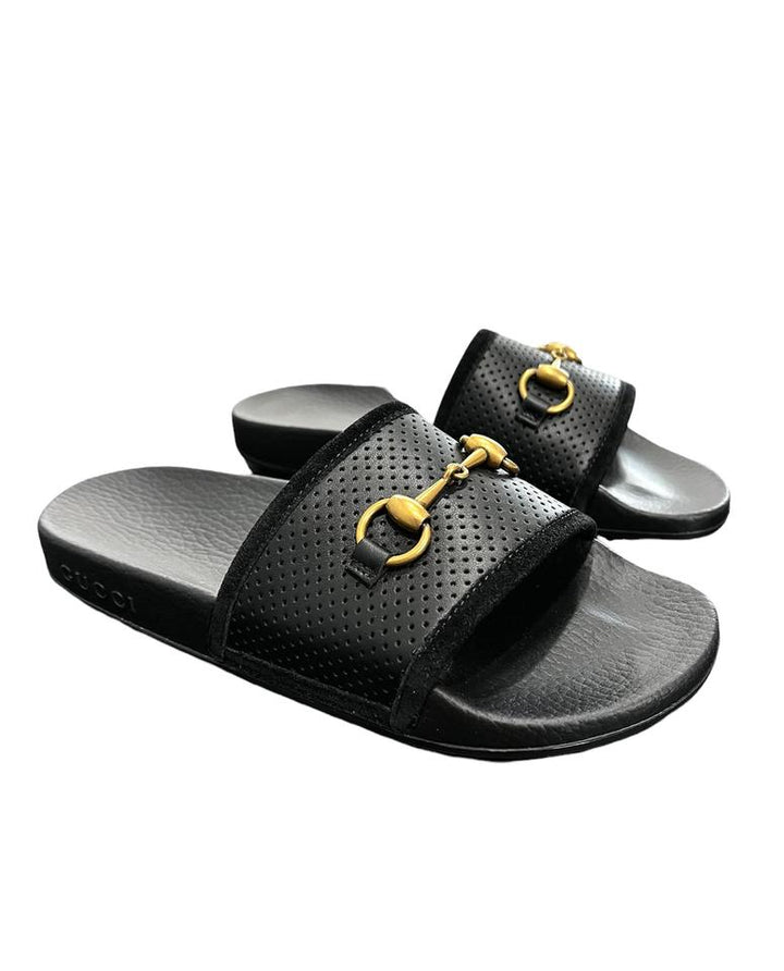 GUCCI Perforated Leather Horsebit Slides