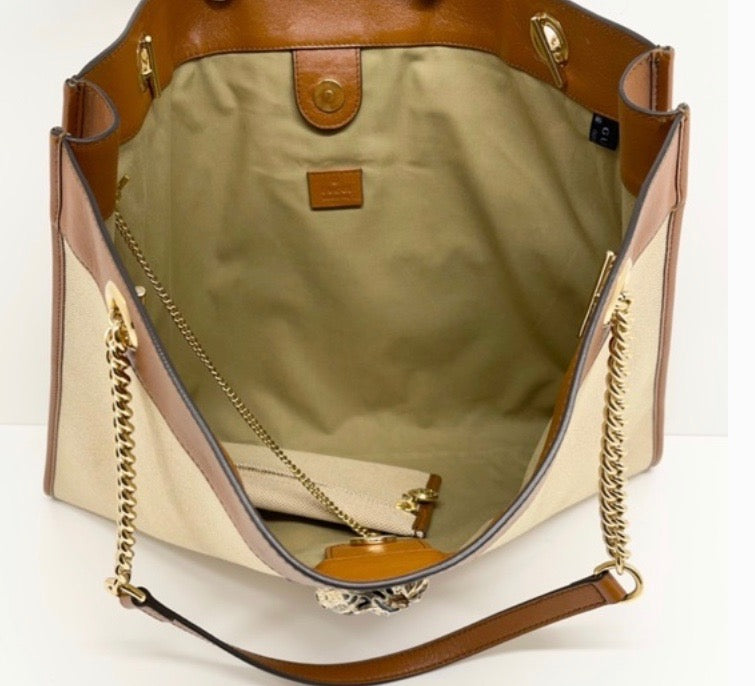 GUCCI LARGE RAJHA WEB TIGER CANVAS LEATHER TOTE BAG GUCCI LARGE RAJHA WEB TIGER CANVAS LEATHER TOTE BAG