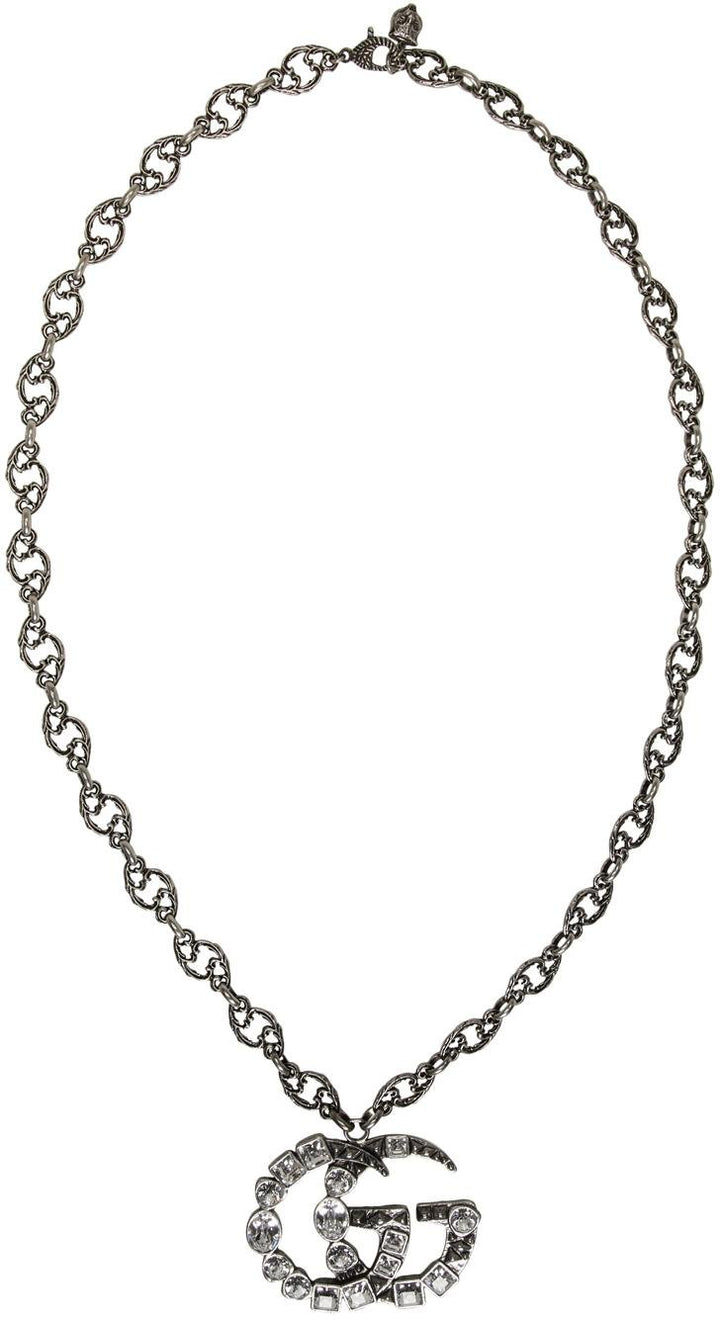 GUCCI GG Crystal Marmont Necklace Aged Silver